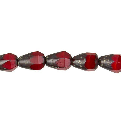 Czech Glass Opaque Red with Patina Bottom Cut Teardrop Bead Strand by Raven's Journey
