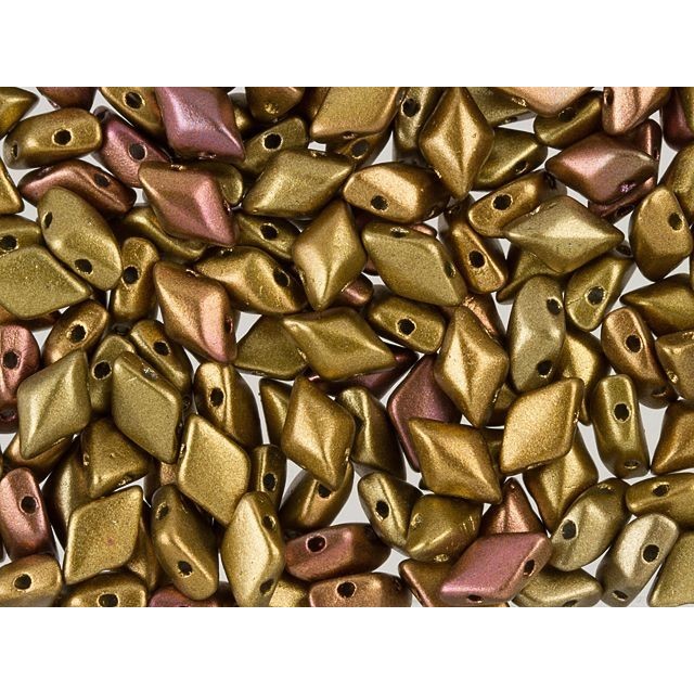 Czech Glass GemDuo, 2-Hole Diamond Shaped Beads 8x5mm, Matte Metallic Gold Iris  (2.5" Tube)