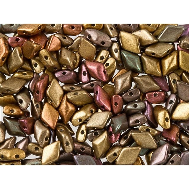 Czech Glass GemDuo, 2-Hole Diamond Shaped Beads 8x5mm, Matte Metallic Gold Copper Iris  (2.5" Tube)