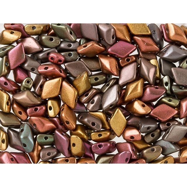 Czech Glass GemDuo, 2-Hole Diamond Shaped Beads 8x5mm, Matte Metallic Bronze Iris  (2.5" Tube)