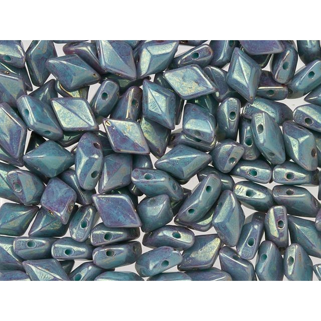 Czech Glass GemDuo, 2-Hole Diamond Shaped Beads 8x5mm, Turquoise Pink/Topaz Luster  (2.5" Tube)