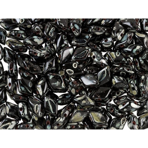 Czech Glass GemDuo, 2-Hole Diamond Shaped Beads 8x5mm, Jet Picasso  (2.5" Tube)