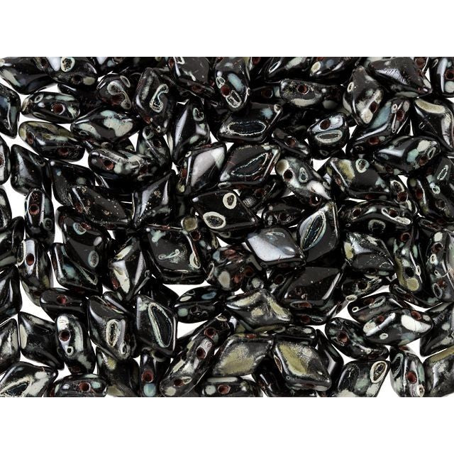 Czech Glass GemDuo, 2-Hole Diamond Shaped Beads 8x5mm, Jet Picasso  (2.5" Tube)