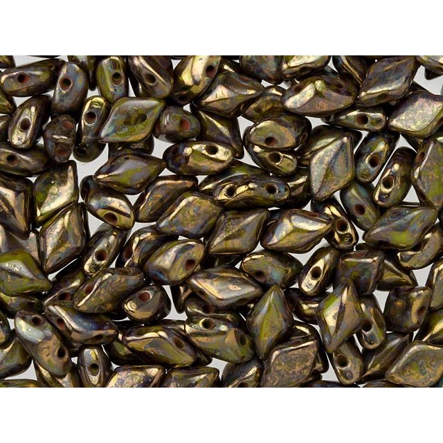 Czech Glass GemDuo, 2-Hole Diamond Shaped Beads 8x5mm, Opaque Olive Bronze Picasso  (2.5" Tube)
