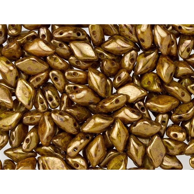 Czech Glass GemDuo, 2-Hole Diamond Shaped Beads 8x5mm, Opaque Yellow Bronze Picasso  (2.5" Tube)