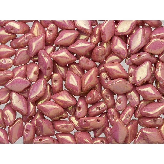 Czech Glass GemDuo, 2-Hole Diamond Shaped Beads 8x5mm, Opaque Pink Luster  (2.5" Tube)
