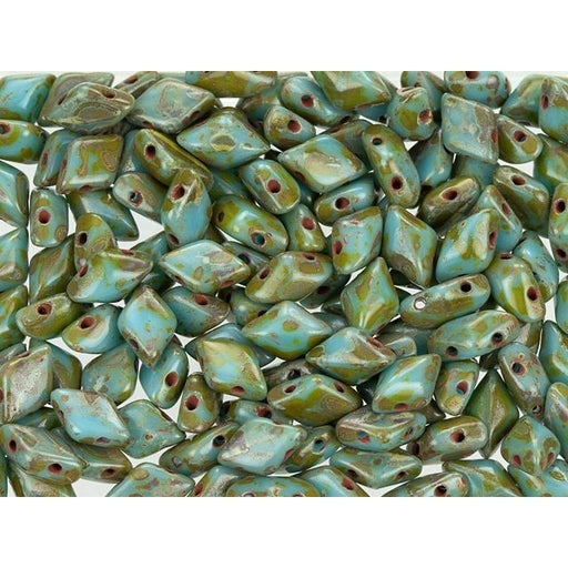Czech Glass GemDuo, 2-Hole Diamond Shaped Beads 8x5mm, Blue Turquoise Picasso  (2.5" Tube)