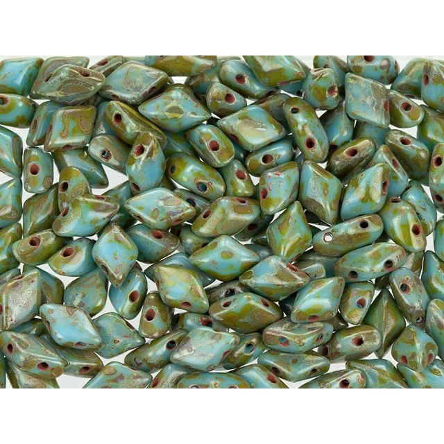 Czech Glass GemDuo, 2-Hole Diamond Shaped Beads 8x5mm, Blue Turquoise Picasso  (2.5" Tube)