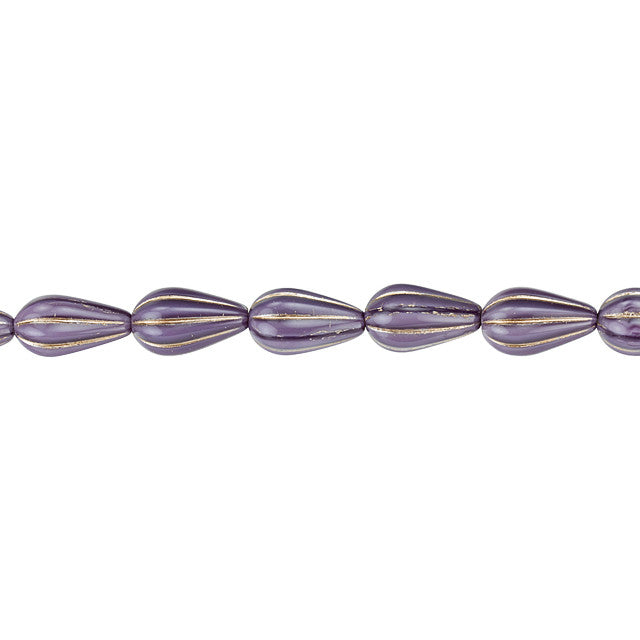 Czech Glass 13 x 8mm Purple Silk with Platinum Wash Melon Drop Bead Strand by Raven's Journey