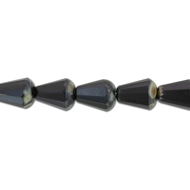 Czech Glass 8 x 6mm Jet Opaque with Picasso Finish Top Cut Faceted Drop Bead Strand by Raven's Journey