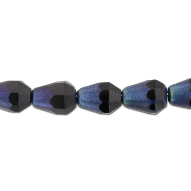 Czech Glass 8 x 6mm Jet Opaque with Blue/Purple Iris Luster Finish Bottom Cut Faceted Drop Bead Strand by Raven's Journey