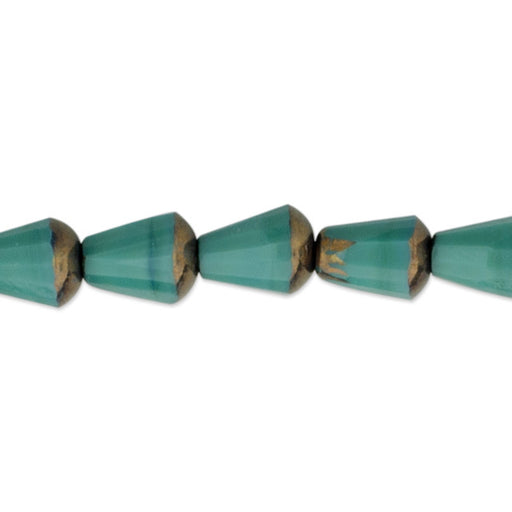 Czech Glass 8 x 6mm Faceted Drop - Top Cut Turquoise Green Opaque with Bronze Finish Bead Strand by Raven's Journey