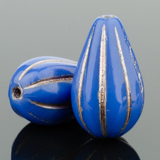 Czech Glass Melon Drop (13x8mm) Lapis Blue (Light) Opaque with Platinum Wash Bead Strand by Raven's Journey