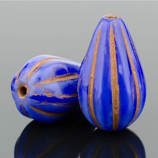Czech Glass Melon Drop (13x8mm) Royal Blue Silk with Dark Bronze Wash Bead Strand by Raven's Journey