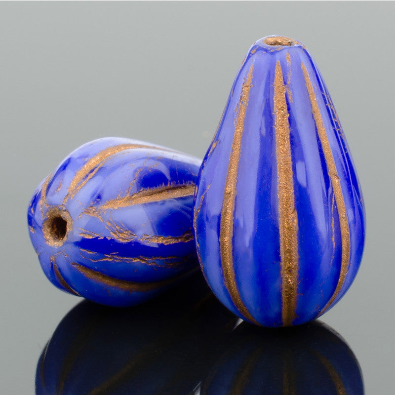 Czech Glass Melon Drop (13x8mm) Royal Blue Silk with Dark Bronze Wash Bead Strand by Raven's Journey