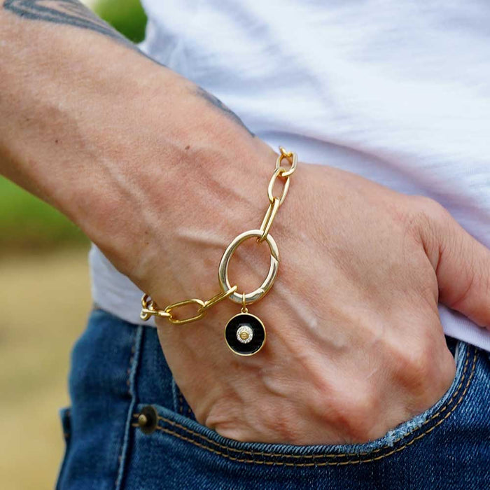 13mm Black Enamel Gold Plated Round Rhinestone Center Charm