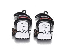 White Ghost with Witch Hat and Broom Enamel Charm 22.5x14.5mm