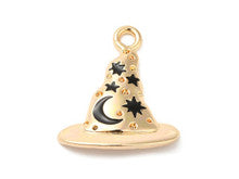Golden Black Witch Hat with Moon and Star Enamel Charm 21x17.5mm