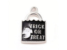 Platinum-Finish Trick or Treat Ghost Lock Enamel Charm 24x15.5mm