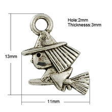 Antique Silver Flying Witch on Broom Charm 13x11mm