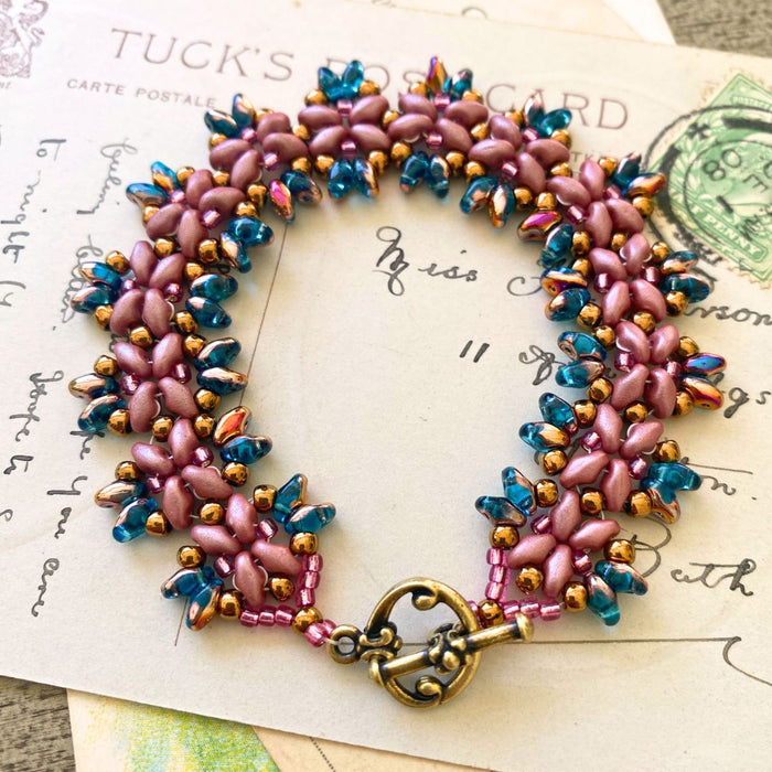 Starburst SuperDuo Bracelet in Rose, Aquamarine & Bronze