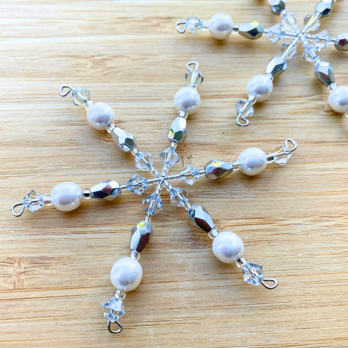 Set of 2 Pearl and Crystal Snowflake Ornaments