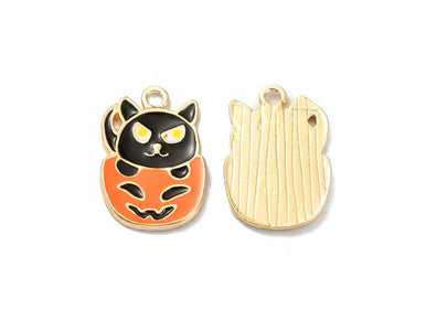 Light Gold Orange Cat in Pumpkin Enamel Charm 22x15mm