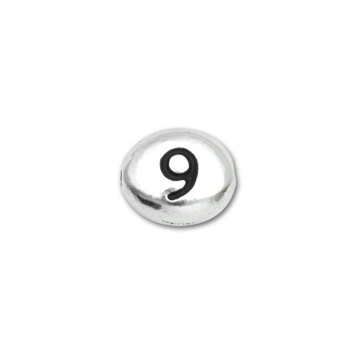 Alphabet Bead, Oval Puff Number '9' 7x6mm, by TierraCast, Rhodium Plated (1 Piece)