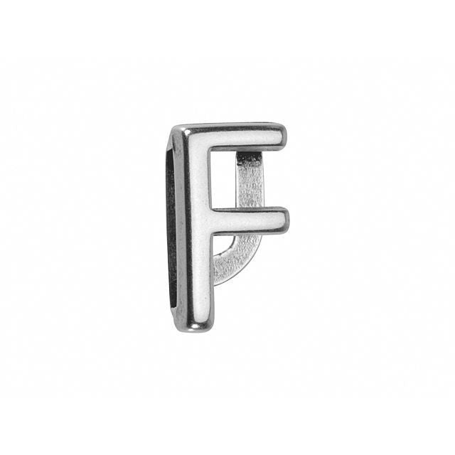 Regaliz Alphabet Slider Bead, for 10mm Flat Leather Cord Letter 'F', Silver Plated (1 Piece)