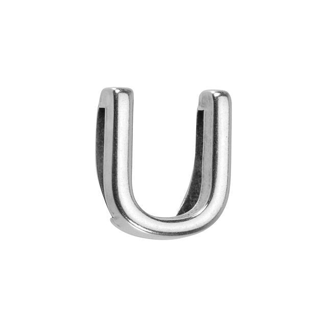 Regaliz Alphabet Slider Bead, for 10mm Flat Leather Cord Letter 'U', Silver Plated (1 Piece)