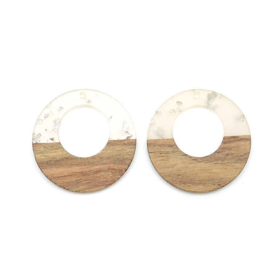 38mm Wood & Clear Resin with Silver Foil Off Center Donut Focal Piece Pendant (1 Pair)