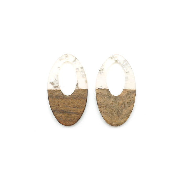 22x38mm Wood & Clear Resin with Silver Foil Off Center Oval Focal Pieces (1 Pair)