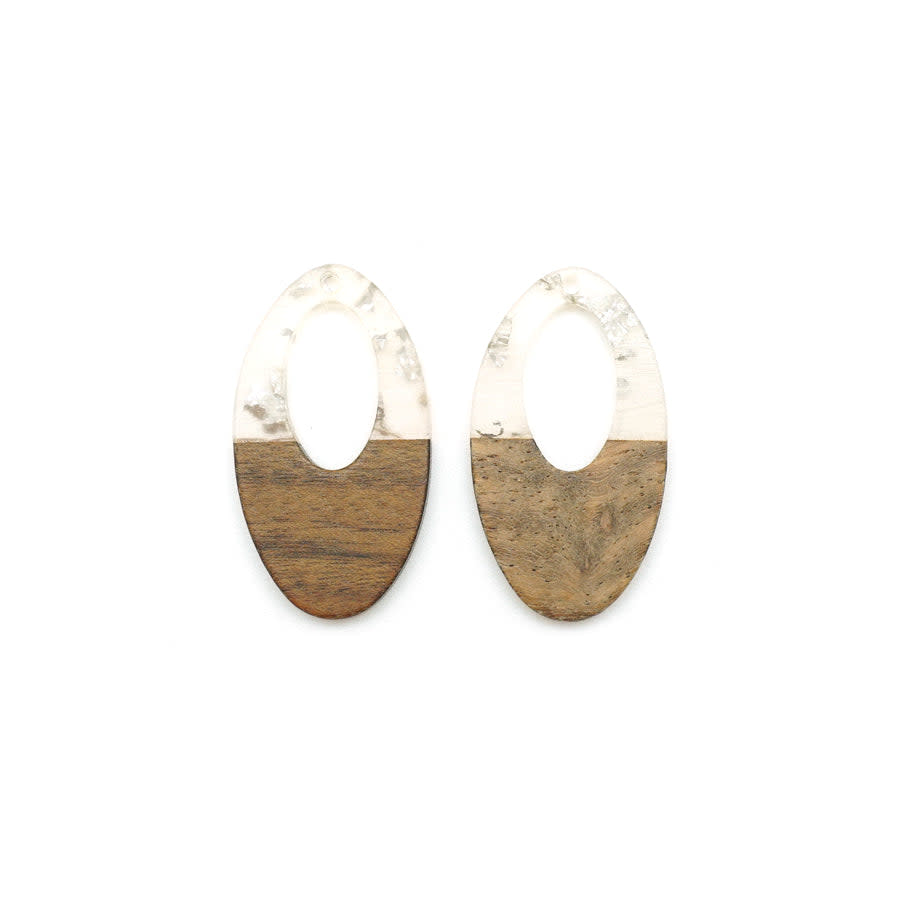 22x38mm Wood & Clear Resin with Silver Foil Off Center Oval Focal Pieces (1 Pair)