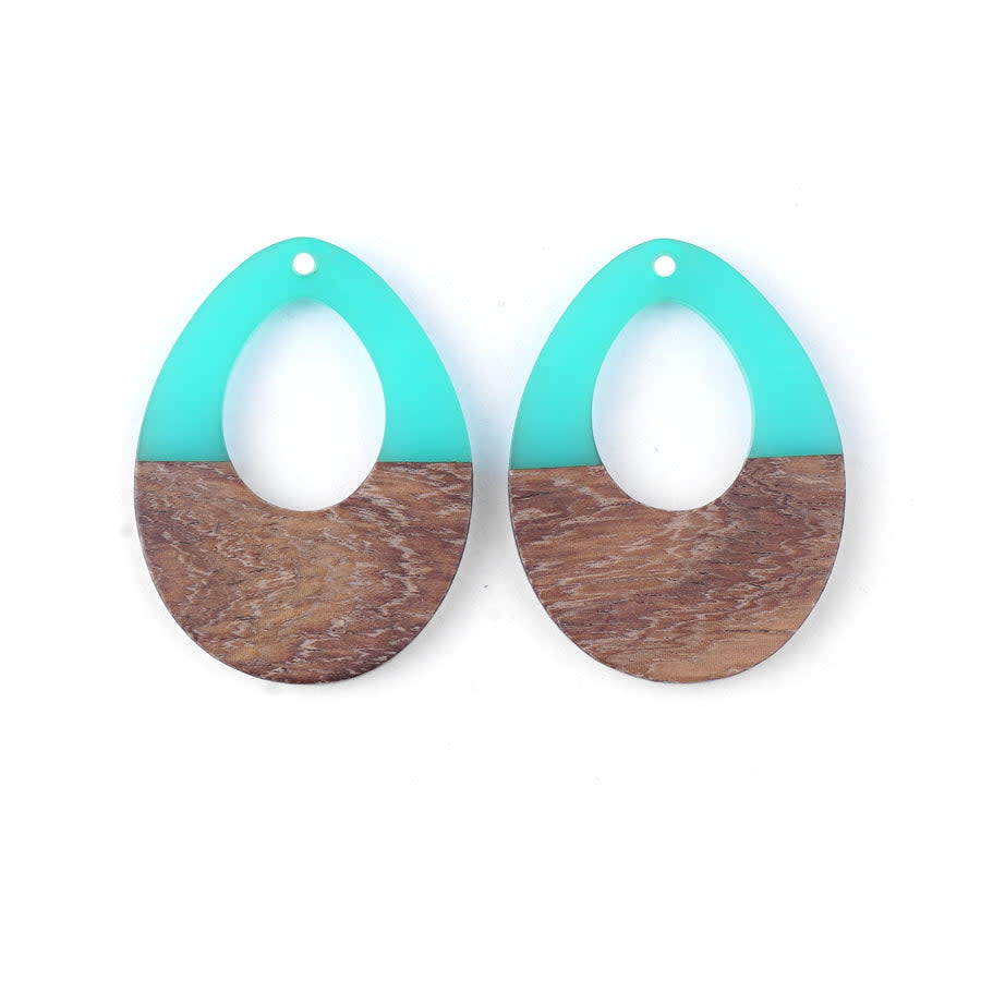 28x38mm Wood & Turquoise Resin Off Center Drop Focal Pieces (1 Pair)