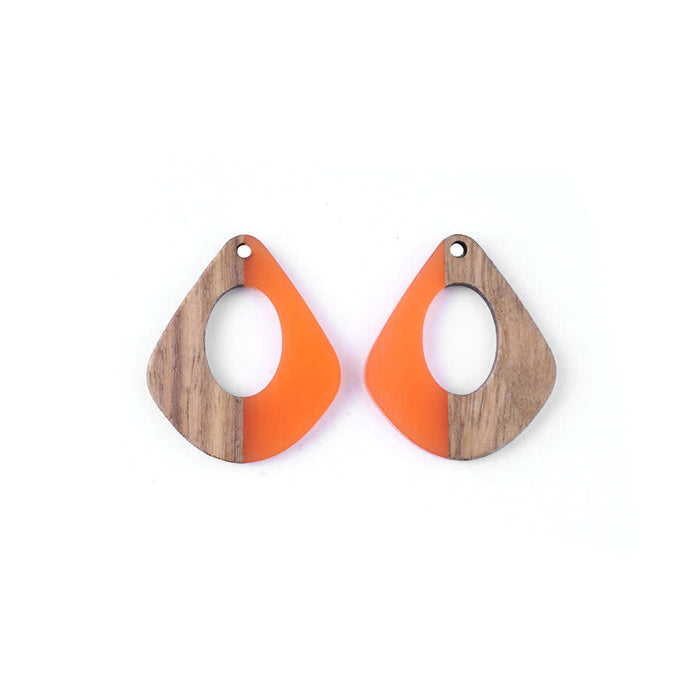 28x32mm Wood & Coral Resin Pear Shaped with Cut Out Focal Pieces (1 Pair)