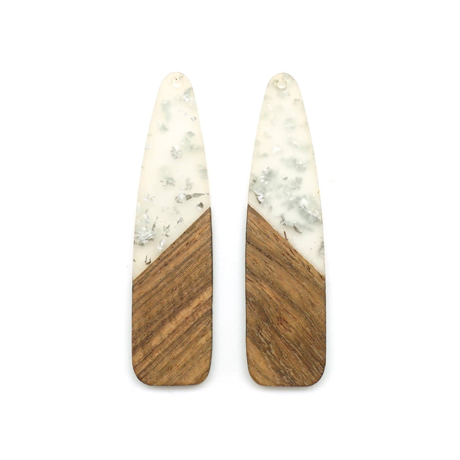 17x66mm Wood & Clear Resin with Silver Foil Raindrop Focal Piece Pendant (1 Pair)
