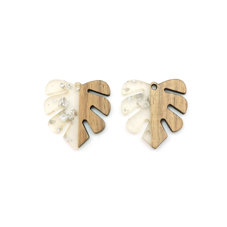 28x32mm Wood & Clear Resin with Silver Foil Leaf Focal Piece Pendant (1 Pair)