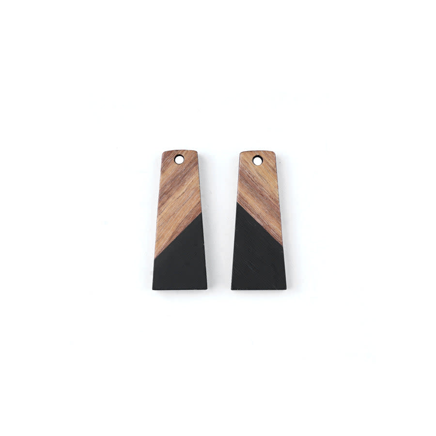 12x30mm Wood & Jet Resin Rectangle Focal Piece Pendant Charm (2 Pieces)