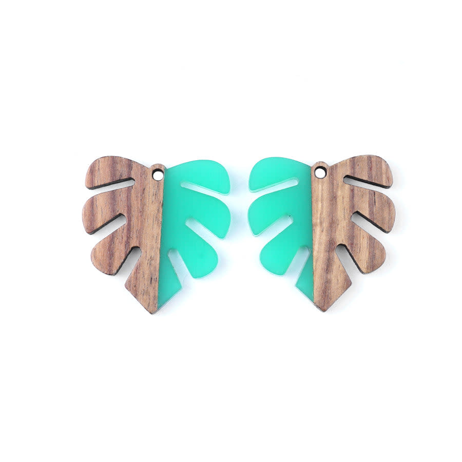 28x32mm Wood & Green Turquoise Resin Leaf Focal Piece Pendant (1 Pair)