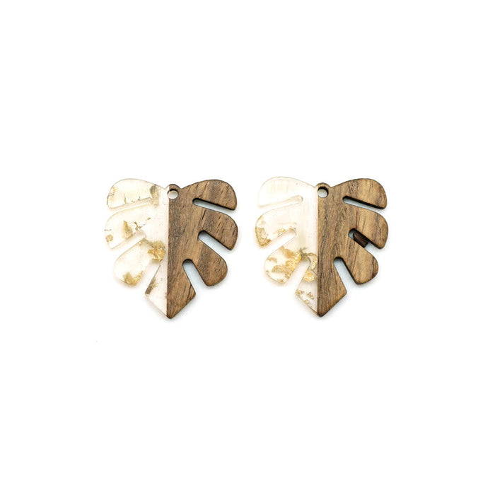 28x32mm Wood & Clear Resin with Gold Foil Leaf Focal Piece Pendant (1 Pair)