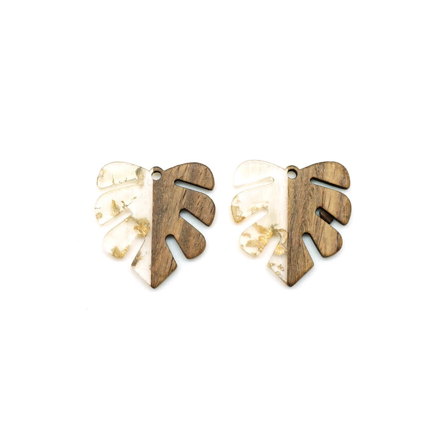 28x32mm Wood & Clear Resin with Gold Foil Leaf Focal Piece Pendant (1 Pair)