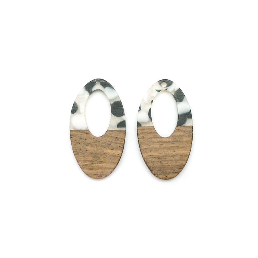 22x38mm Wood & Clear Resin with Black & White Dots Off Center Oval Focal Pieces (1 Pair)