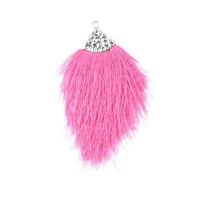 Hot Pink Large Capped Flat Tassel with Silver Textured Cap - 4.25 Inches Long