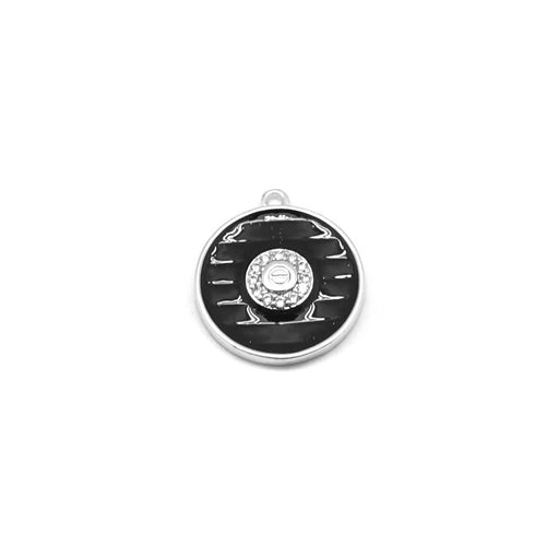 13mm Black Enamel Rhodium Plated Round Rhinestone Center Charm