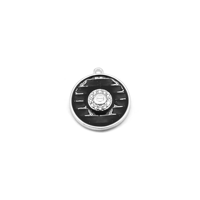13mm Black Enamel Rhodium Plated Round Rhinestone Center Charm