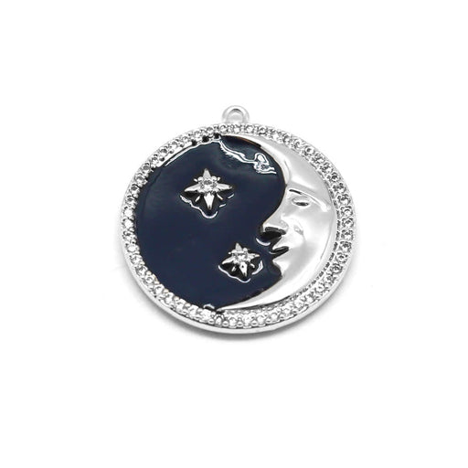 23mm Navy Enamel Rhodium Plated Round Man in the Moon Charm