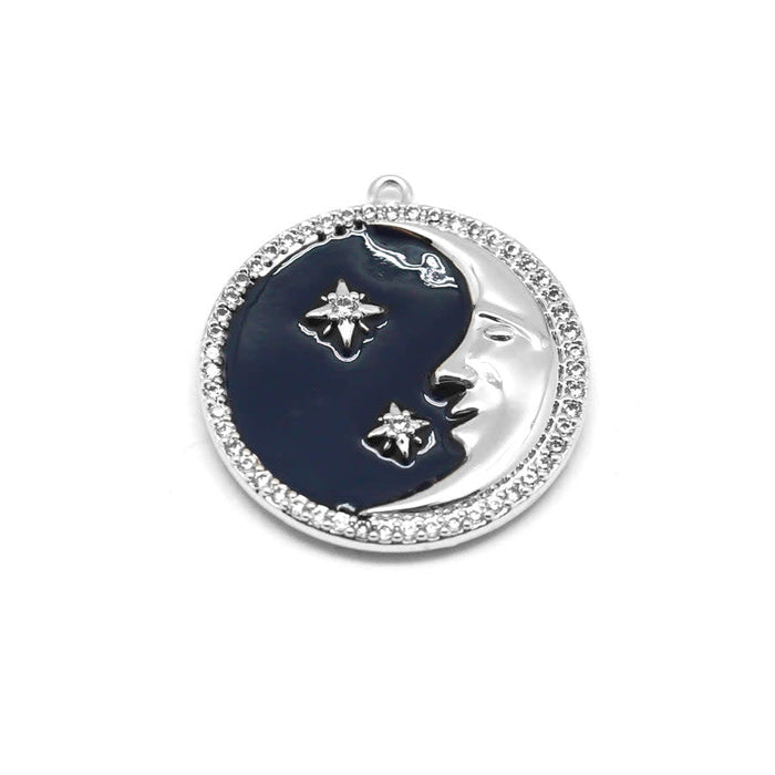 23mm Navy Enamel Rhodium Plated Round Man in the Moon Charm