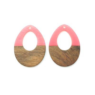 28x38mm Wood & Pink Resin Off Center Drop Focal Pieces (1 Pair)
