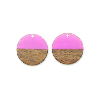 28mm Wood & Purple Resin Disc Focal Piece Pendant Charm (1 Pair)