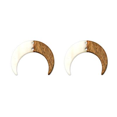 32x39mm Wood & Pearl Resin Crescent Charm Connector (1 Pair)
